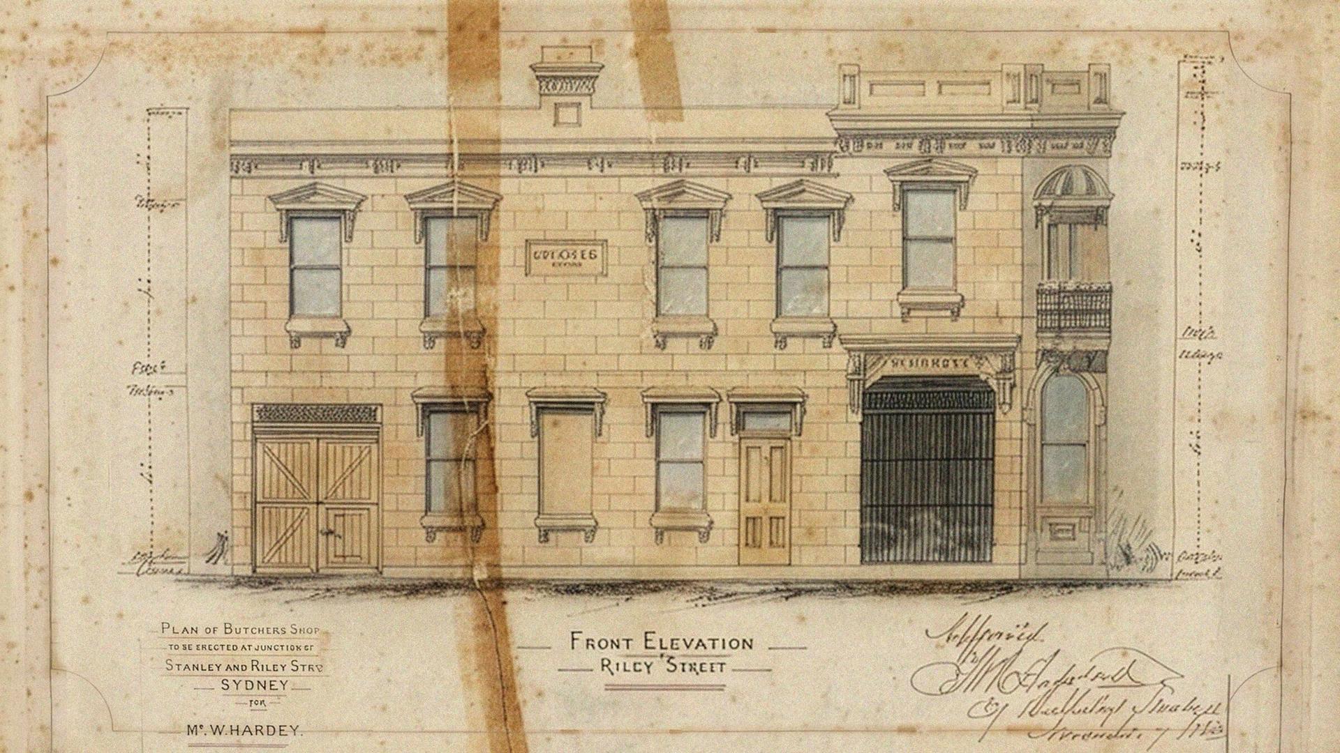 Plan of Butchers Shop, Riley Street front elevation, architectural drawing