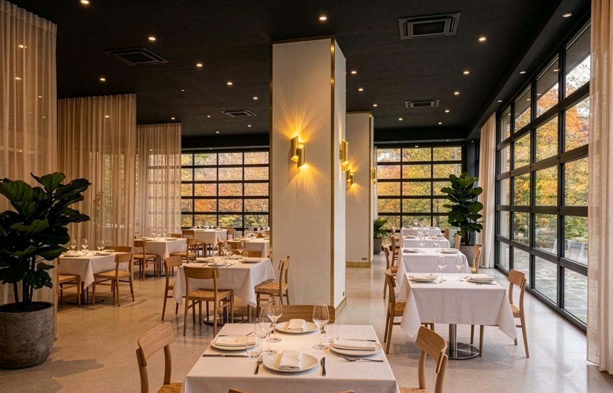 The Verde Alexandria dining room, white-clothed tables under tall windows onto autumn trees, brass wall lights
