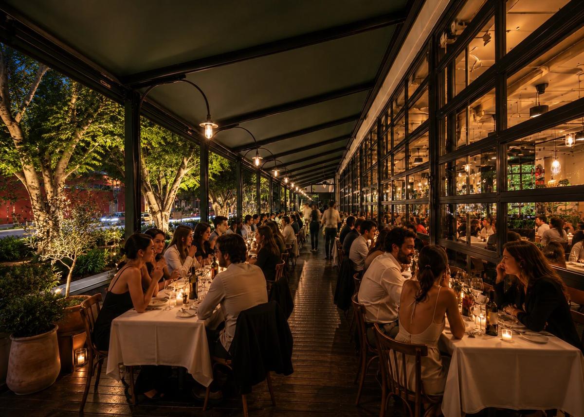 Diners on the covered terrace at Verde Alexandria, candlelit tables under the trees at night