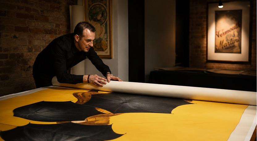 Antonio unrolling a vintage Italian advertising poster in the dining room