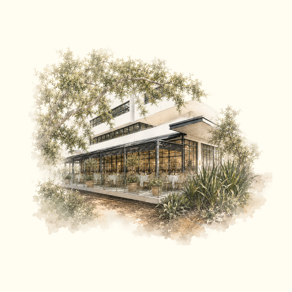 An illustration of the modern Verde Alexandria building, glass terrace under the trees