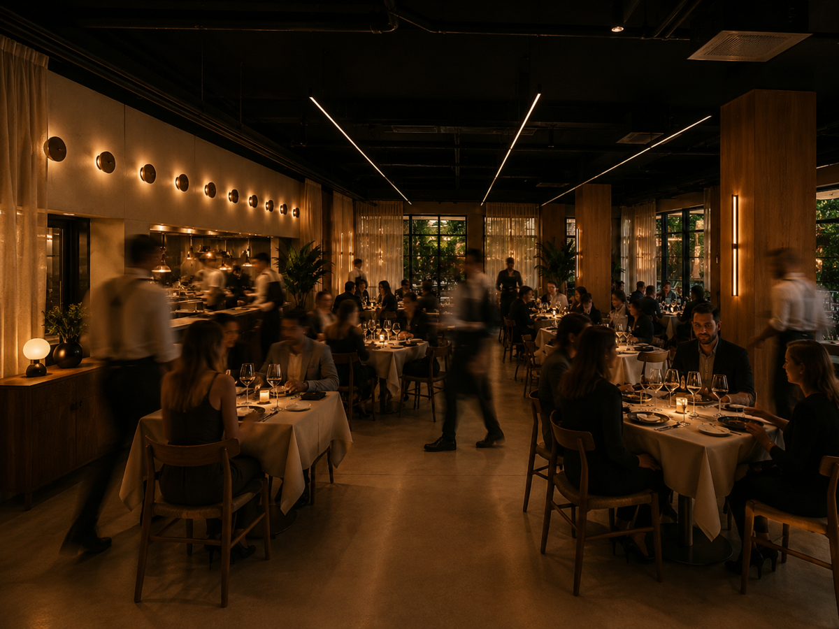 Verde Alexandria dining room, long table by night