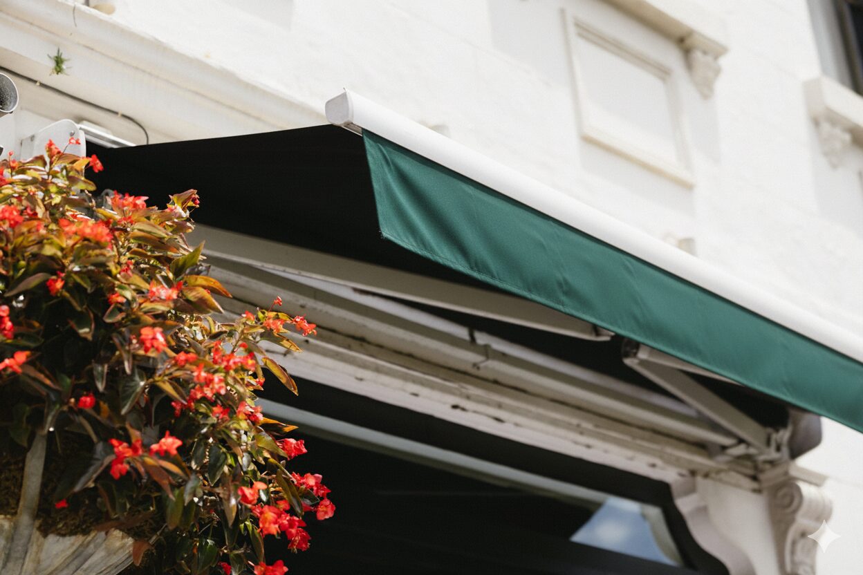 Verde Darlinghurst, green awning, white sandstone facade, red flowering plant